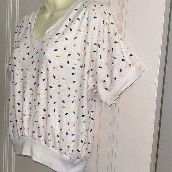 Vtg 80s Amanda Scott White Cotton/Polyester Multi Color Print V Neck Top - Picture 4 of 9